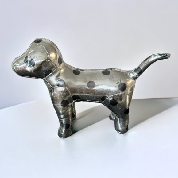 PINK Victoria Secret Metallic Silver & Black Polka Dot Stuffed Dog - Picture 2 of 5